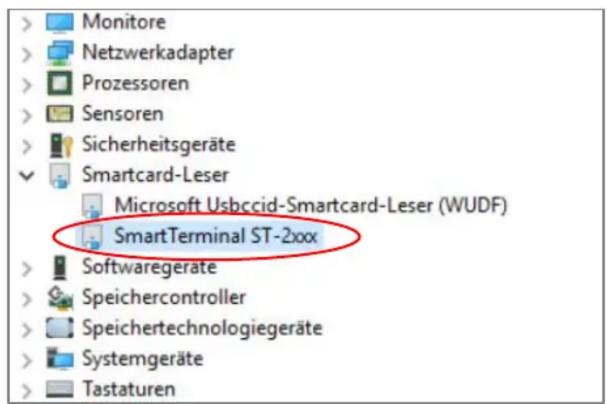 Monitore Netzwerkadapter Prozessoren Sensoren Sicherheitsgeräte Smartcard-Leser Microsoft Usbccid-Smartcard-Leser (WUDF) SmartTerminal ST-2xxx Softwaregeräte Speichercontroller Speichertechnologiegeräte Systemgeräte Tastaturen