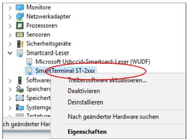 Monitore Netzwerkadapter Prozessoren Sensoren Sicherheitsgeräte Smartcard-Leser Microsoft Usbccid-Smartcard-Leser (WUDF) Smart Terminal ST-2xxx Software Speichert Speichert Systemge Tactature ch geänderter Har Treibersoftware aktualisieren... Deaktivieren Deinstallieren Nach geänderter Hardware suchen Eigenschaften