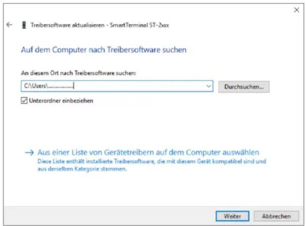Treibersoftware aktualisieren - SmartTerminal ST-2xxx Auf dem Computer nach Treibersoftware suchen An diesem Ort nach Treibersoftware suchen: C:\Users\............ Durchsuchen... Unterordner einbeziehen → Aus einer Liste von Gerätetreibern auf dem Computer auswählen Diese Liste enthält installierte Treibersoftware, die mit diesem Gerät kompatibel sind und aus derselben Kategorie stammen. Weiter Abbrechen