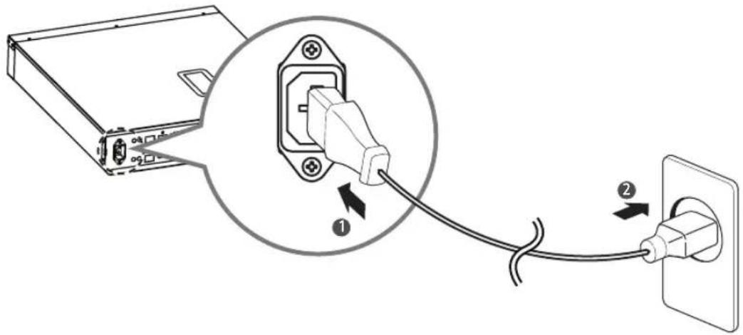 Diagram showing cable connection between a computer power adapter and an electrical outlet, with labeled components ① and ②.