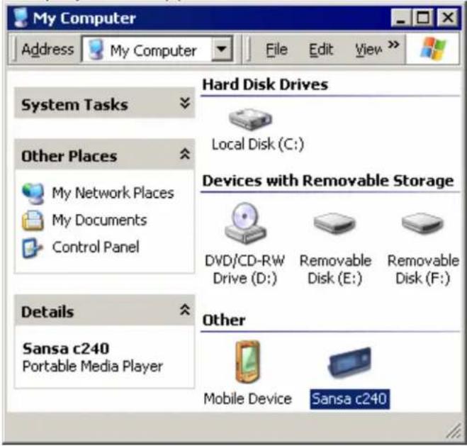My Computer Address My Computer File Edit View System Tasks Hard Disk Drives Local Disk (C:) Other Places Devices with Removable Storage My Network Places DWD/CD-RW Drive (D:) Removable Disk (E:) Removable Disk (F:) My Documents Drives My Documents Control Panel Details Sansa c240 Portable Media Player Other Mobile Device Sansa c240