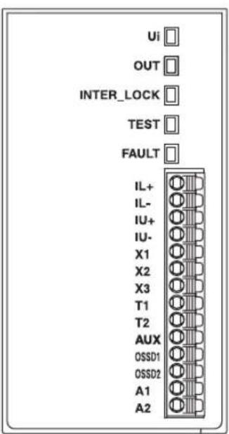 Ui OUT INTER_LOCK TEST FAULT IL+ IL- IU+ IU- X1 X2 X3 T1 T2 AUX OSSD1 OSSD2 A1 A2