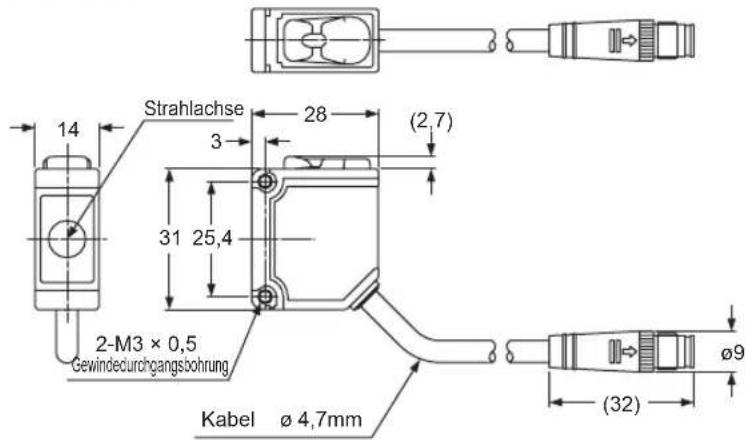 14 Strahlachse 28 (2,7) 3 31 25,4 2-M3 × 0,5 Gewindecurchgangsbohrung Kabel Ø 4,7mm Ø9 (32)