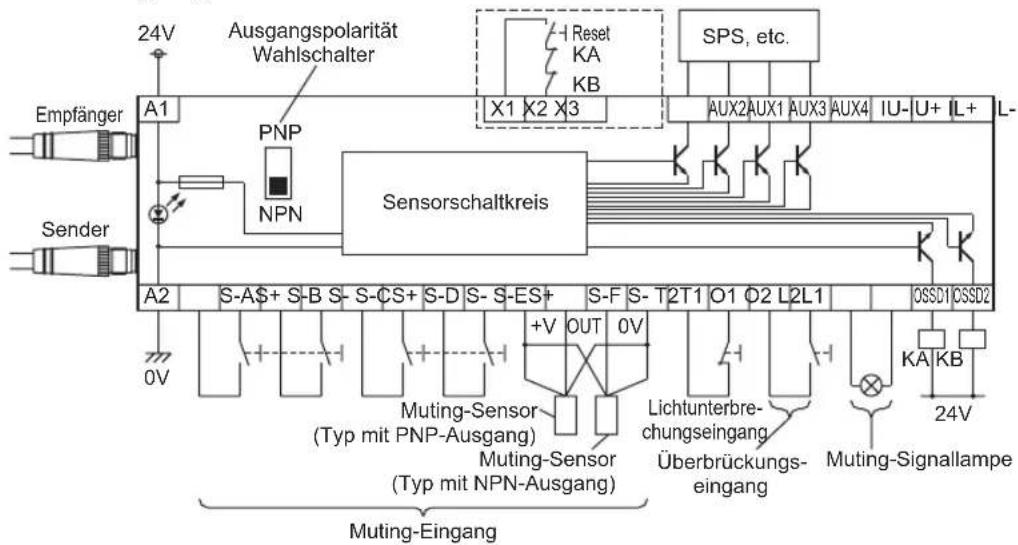 24V Ausgangspolarität Wahlschalter Reset KA KB SPS, etc. A1 X1 X2 X3 AUX2 AUX1 AUX3 AUX4 IU-U+ IL+ L- PNP NPN Sensorschaltkreis Sender A2 S-A$+ S-B S- S-CS+ S-D S- S-ES+ S-F S- T2T1 O1 O2 L2L1 CSSD1 CSSD2 0V Muting-Sensor (Typ mit PNP-Ausgang) Muting-Sensor (Typ mit NPN-Ausgang) Muting-Eingang +V OUT 0V Lichtunterbre- chungseingang Überbrückungs- eingang KA KB 24V Muting-Signallampe