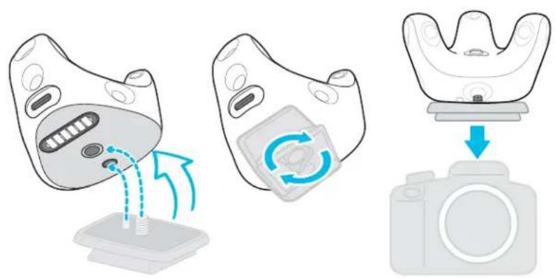 Diagram illustrating camera body positioning and rotation process, showing three stages: head-mounted sensor, circular device with refresh, and camera.