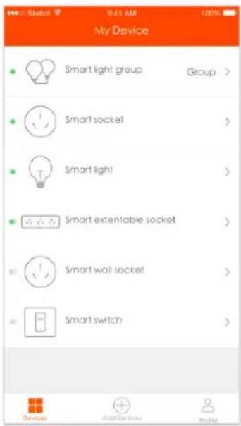 My Device Smart light group Group > Smart socket > Smart light > Smart extensible socket > Smart wall socket > Smart switch >