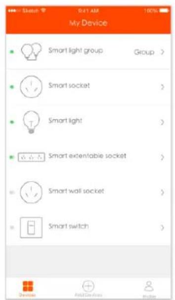 My Device Smart light group Group > Smart socket > Smart light > Smart extentable socket > Smart wall socket > Smart switch >