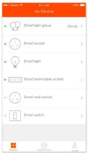 My Device Smart light group Group > Smart socket > Smart light > Smart extentable socket > Smart wall socket > Smart switch >
