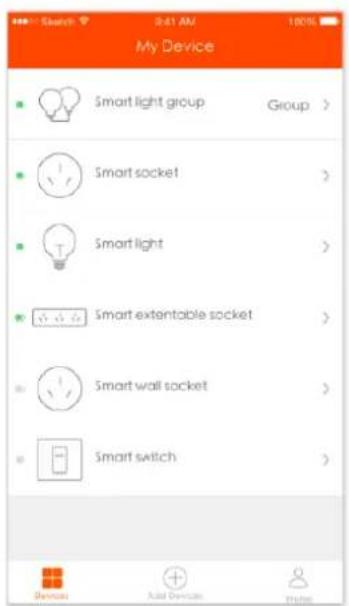 My Device Smart light group Group > Smart socket > Smart light > Smart extentable socket > Smart wall socket > Smart switch >