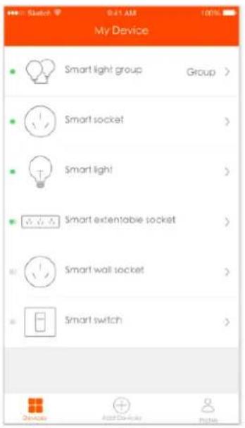 My Device Smart light group Group > Smart socket > Smart light > Smart extensible socket > Smart wall socket > Smart switch >