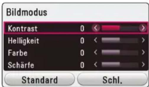 Bildmodus Kontrast 0 < > Helligkeit 0 < > Farbe 0 < > Schärfe 0 < >< > Standard Schl.