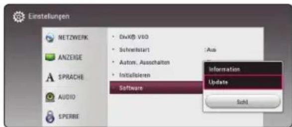 Einstellungen NETZWERK ANZEIGE SPRACHE AUDIO SPERRE • DivX® VDD • Schnellstart • Autom. Ausschalten • Initialisieren Software • Aus Information Update Schl.