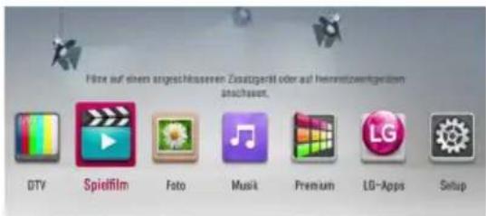 Filme auf einem angeschlossenen Zusatzgerät oder auf Heimnetzwerkgeräten durchsuchen. DTV Spielfilm Foto Musik Premium LG-Apps Setup