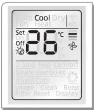 Cool Set 28°C Off - 2-Step Fast Comfort Single user Quiet Light Cool Usage Clean Beep Filter Reset Display