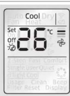 Cool Set 26°C Off 26 = 2 Step Fast Comfort Single user Quiet High Cool Usage Clean Beep Filter Reset Display