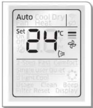 Auto Set 24°C Cool Dry Heat = On off Off 2-Stop Fast Comfort Single user Quiet d light Cool Usage Clean BEEP Filter Reset Display