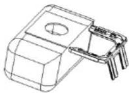 Technical line drawing of a mechanical component with a circular hole and three protruding pins (no text or symbols)