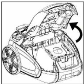 Technical line drawing of a robotic car interior showing internal components and a rotational arrow (no text or symbols)