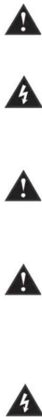 Six black warning symbols on a white background, including exclamation marks and lightning bolts