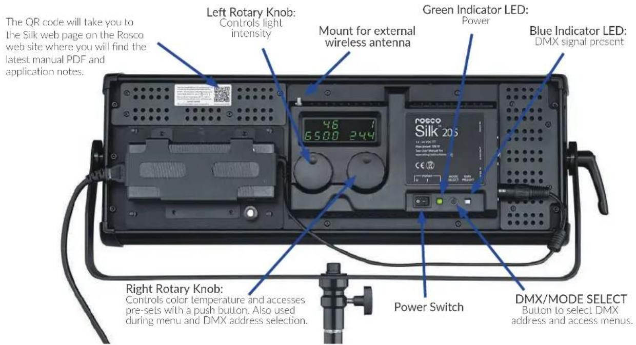 The QR code will take you to the Silk web page on the Rosco web site where you will find the latest manual PDF and application notes. Left Rotary Knob: Controls light intensity Mount for external wireless antenna Green Indicator LED: Power Blue Indicator LED: DMX signal present Right Rotary Knob: Controls color temperature and accesses pre-sels with a push button. Also used during menu and DMX address selection. Power Switch DMX/MODE SELECT Button to select DMX address and access menus.