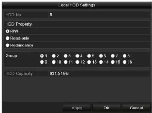 Local HDD Settings HDD No 5 HDD Property ● R/W ● Read-only ● Redundancy Group ● 1 ● 2 ● 3 ● 4 ● 5 ● 6 ● 7 ● 8 ● 9 ● 10 ● 11 ● 12 ● 13 ● 14 ● 15 ● 16 HDD Capacity 931.51GB Apply OK Cancel