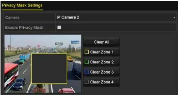 Privacy Mask Settings Camera IP Camera 2 Enable Privacy Mask Clear All Clear Zone 1 Clear Zone 2 Clear Zone 3 Clear Zone 4
