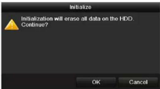 Initialize Initialization will erase all data on the HDD. Continue? OK Cancel