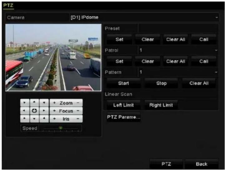 PTZ Camera [D1] IPdome Preset Set Clear Clear All Call Patrol 1 Set Clear Clear All Call Pattern 1 Start Stop Clear All Linear Scan Left Limit Right Limit PTZ Parame... Speed Zoom - Focus - Iris - PTZ Back