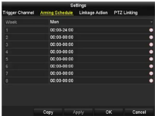 Settings Trigger Channel Arming Schedule Linkage Action PTZ Linking Week Mon 1 00:00-24:00 2 00:00-00:00 3 00:00-00:00 4 00:00-00:00 5 00:00-00:00 6 00:00-00:00 7 00:00-00:00 8 00:00-00:00 Copy Apply OK Cancel