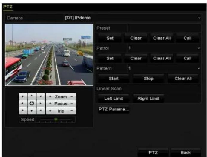 PTZ Camera [D1] IPdome Preset Set Clear Clear All Call Patrol 1 Set Clear Clear All Call Pattern 1 Start Stop Clear All Linear Scan Left Limit Right Limit PTZ Parame... Speed Zoom - Focus - Iris - PTZ Back