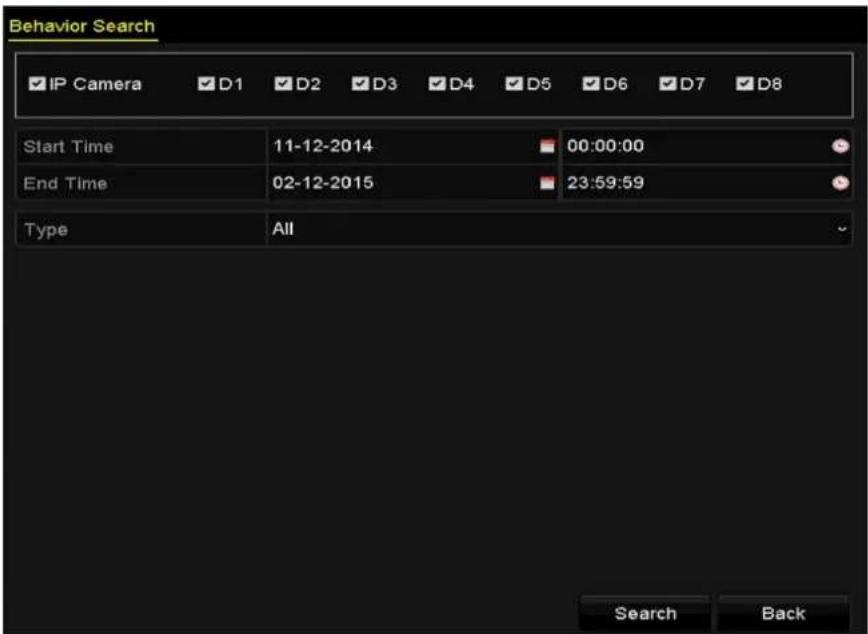 Behavior Search IP Camera D1 D2 D3 D4 D5 D6 D7 D8 Start Time 11-12-2014 00:00:00 End Time 02-12-2015 23:59:59 Type All Search Back