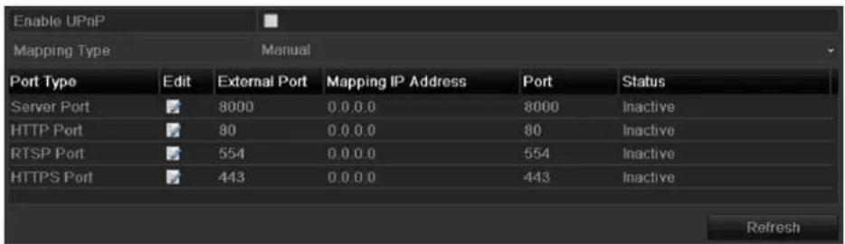 Enable UPnP Mapping Type Manual Port Type Edit External Port Mapping IP Address Port Status Server Port 8000 0.0.0.0 8000 Inactive HTTP Port 80 0.0.0.0 80 Inactive RTSP Port 554 0.0.0.0 554 Inactive HTTPS Port 443 0.0.0.0 443 Inactive Refresh