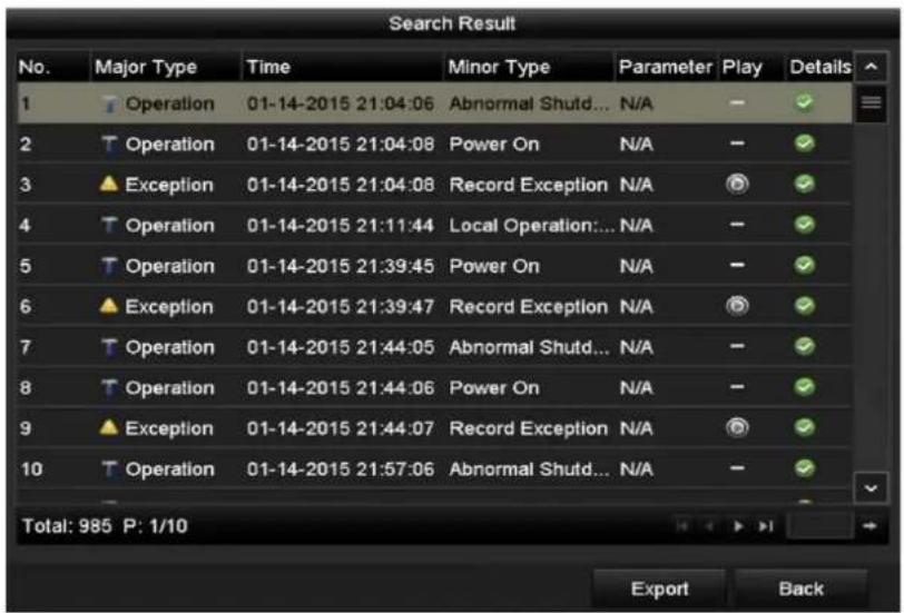 Search Result No. Major Type Time Minor Type Parameter Play Details 1 Operation 01-14-2015 21:04:06 Abnormal Shutd... N/A 2 Operation 01-14-2015 21:04:08 Power On N/A 3 Exception 01-14-2015 21:04:08 Record Exception N/A 4 Operation 01-14-2015 21:11:44 Local Operation... N/A 5 Operation 01-14-2015 21:39:45 Power On N/A 6 Exception 01-14-2015 21:39:47 Record Exception N/A 7 Operation 01-14-2015 21:44:05 Abnormal Shutd... N/A 8 Operation 01-14-2015 21:44:06 Power On N/A 9 Exception 01-14-2015 21:44:07 Record Exception N/A 10 Operation 01-14-2015 21:57:06 Abnormal Shutd... N/A Total: 985 P: 1/10 Export Back