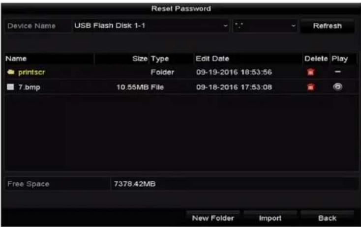 Reset Password Device Name USB Flash Disk 1-1 Refresh Name Size Type Edit Date Delete Play printscr Folder 09-19-2016 18:53:56 7.bmp 10.55MB File 09-18-2016 17:53:08 Free Space 7378.42MB New Folder Import Back