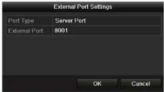 External Port Settings Port Type Server Port External Port 8001 OK Cancel