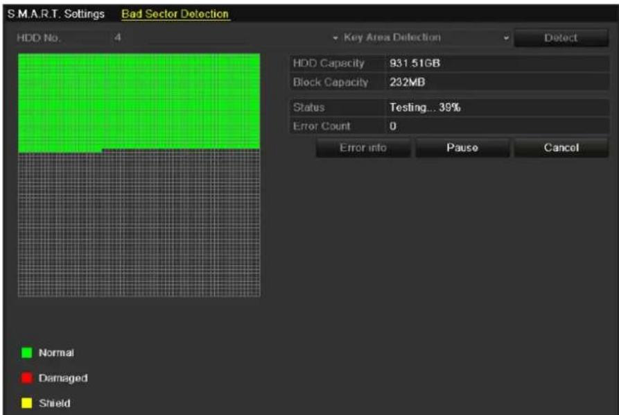 S.M.A.R.T. Settings Bad Sector Detection HDD No. 4 Key Area Detection Detect HDD Capacity 931.51GB Block Capacity 232MB Status Testing... 39% Error Count 0 Error into Pause Cancel Normal Damaged Shield