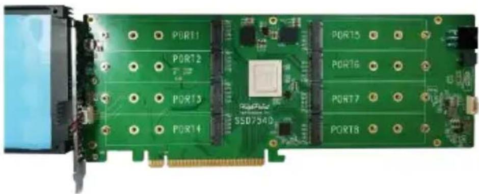 Green printed circuit board with labeled ports (PORT1–PORT8) and a central chip, no readable text or symbols beyond component labels.