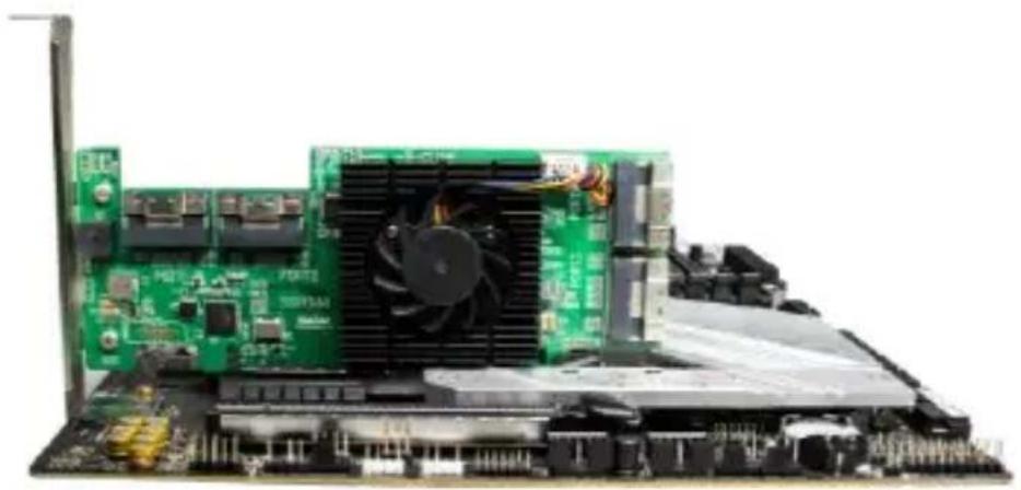 Close-up of a green computer motherboard with a CPU fan and heatsink (no visible text or symbols)