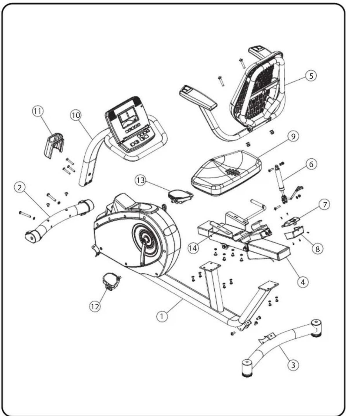 Exploded diagram of a stationary exercise machine with numbered parts for identification