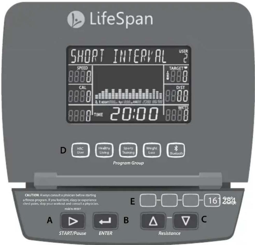 LifeSpan SHORT INTERVAL USER 2 SPEED TARGET 8800 880 CAL 8800 DIST 2.1 seconds... for 880 minutes 20:00 88:00 8800 TIME 20:00 WATTS 8800 Program Group D HRC User Healthy Living Sports Training Weight Loss Bluetooth CAUTION: Always consult a physician before starting a fitness program. If you feel faint, dizzy or experience chest pains, Stop your workout and consult a physician. Hold to RESET E Quick 284 A ▶ ← B △ - ▽ C START/Pause ENTER Resistance