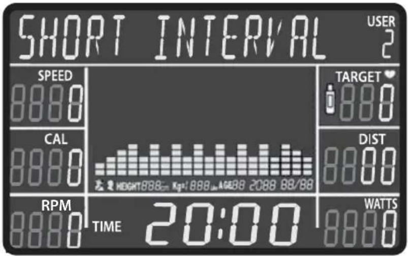 SHORT INTERVAL USER 2 SPEED 8880 CAL 8880 RPM 8880 TIME 20:00 TARGET 880 DIST 8800 WATTS 8880