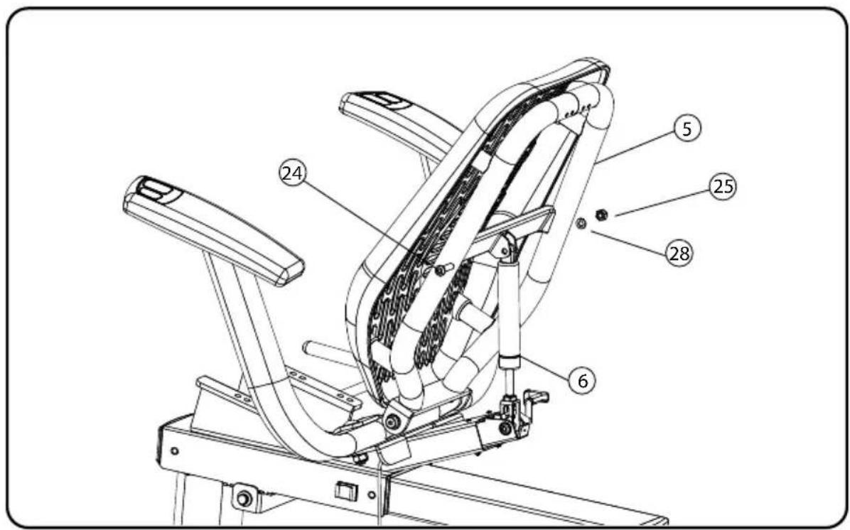 Technical diagram of a stationary exercise chair with numbered components labeled 5, 6, 24, 25, and 28.