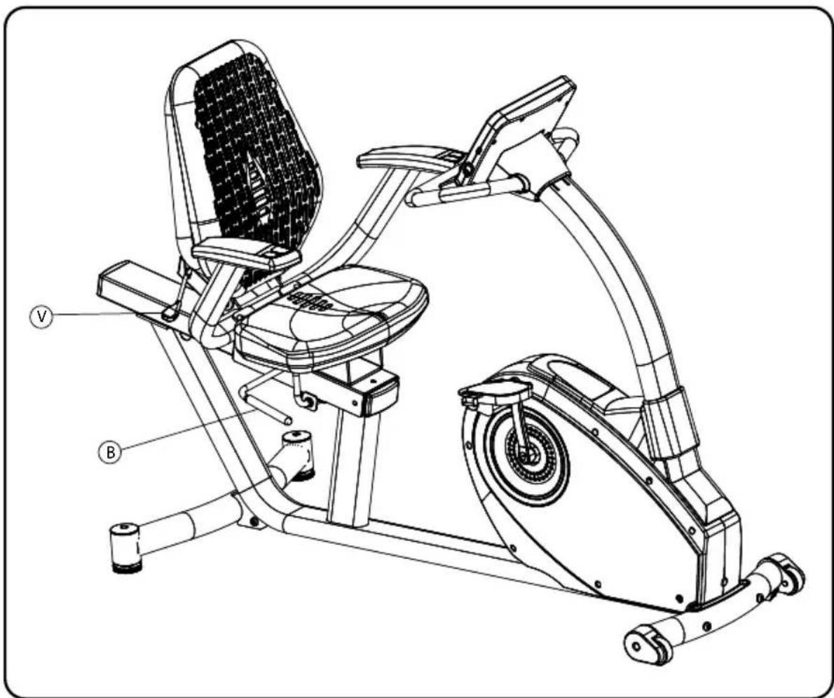 Technical line drawing of a stationary exercise machine with labeled components V and B