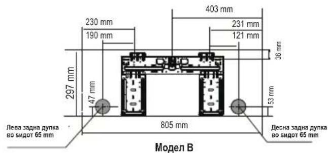 230 mm 190 mm 403 mm 231 mm 121 mm 36 mm 297 mm 47 mm 53 mm 805 mm Лева задна дупка во сидот 65 mm Десна задна дупка во сидот 65 mm Модел В