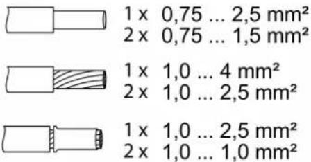 1 x 0,75 ... 2,5 mm² 2 x 0,75 ... 1,5 mm² 1 x 1,0 ... 4 mm² 2 x 1,0 ... 2,5 mm² 1 x 1,0 ... 2,5 mm² 2 x 1,0 ... 1,0 mm²
