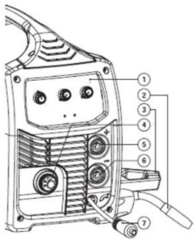 Technical diagram of a welding torch with numbered components for identification