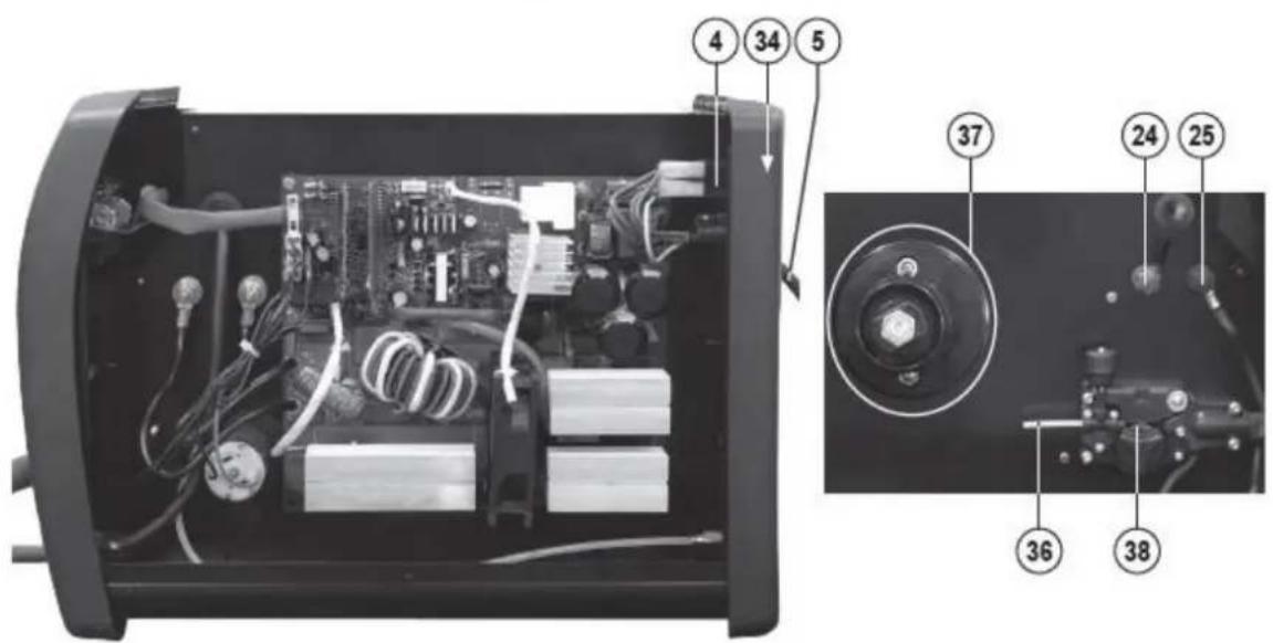 Technical diagram of an electronic device with numbered components, including internal circuit board and close-up view of a camera lens.