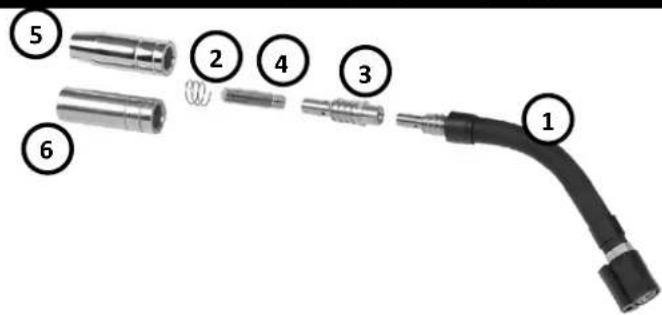 Diagram of a welding torch with numbered parts for identification