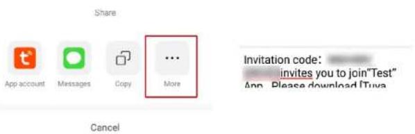 Share App account Messages Copy More Cancel Invitation code: invites you to join"Test" App. Please download Tuva