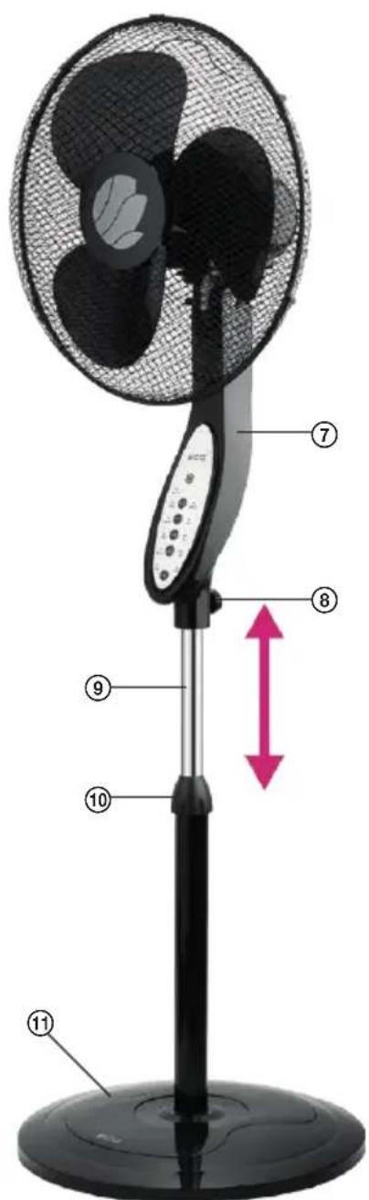 Diagram of a desktop fan with numbered parts and directional arrows indicating motion or movement.